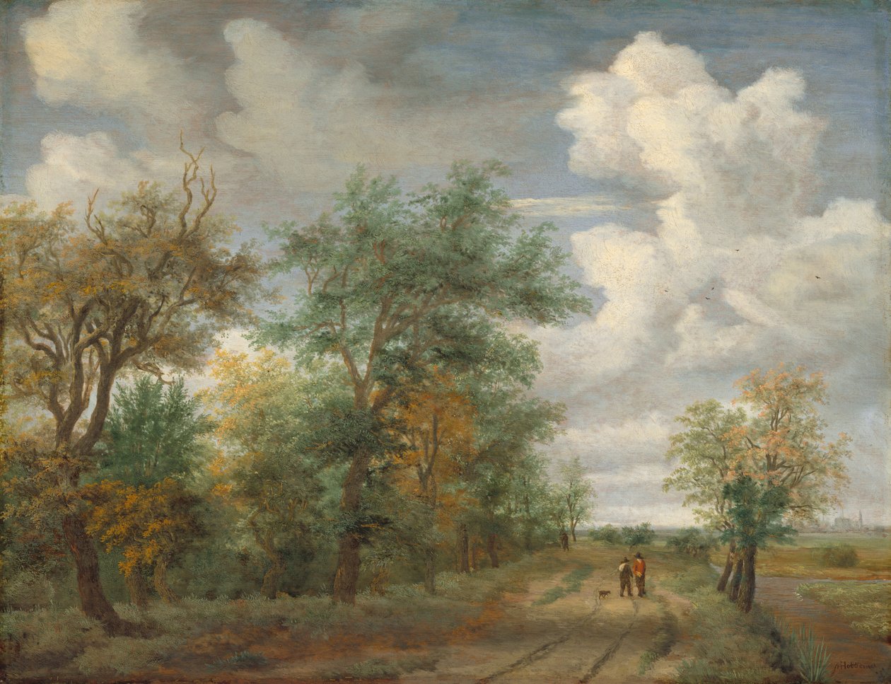 Skogbevuxen landskap med figurer av Meindert Hobbema