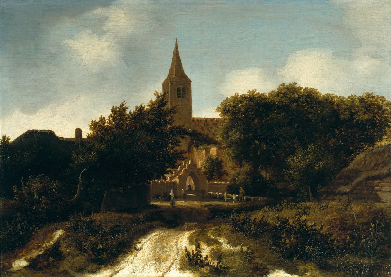 Skogbevuxen landskap med figurer nära en kyrka, c.1660 av Meindert Hobbema