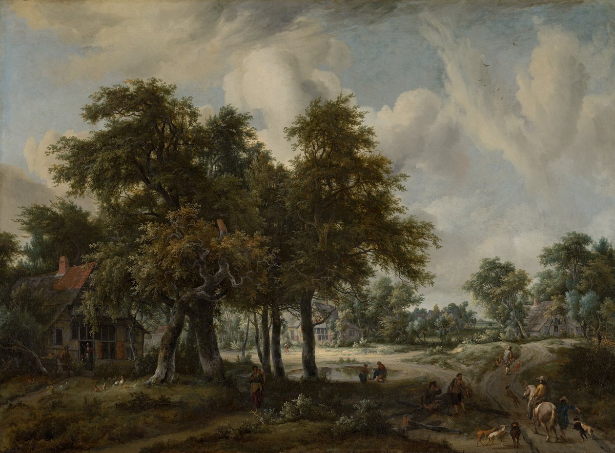 Skogslandskap med stugor av Meindert Hobbema