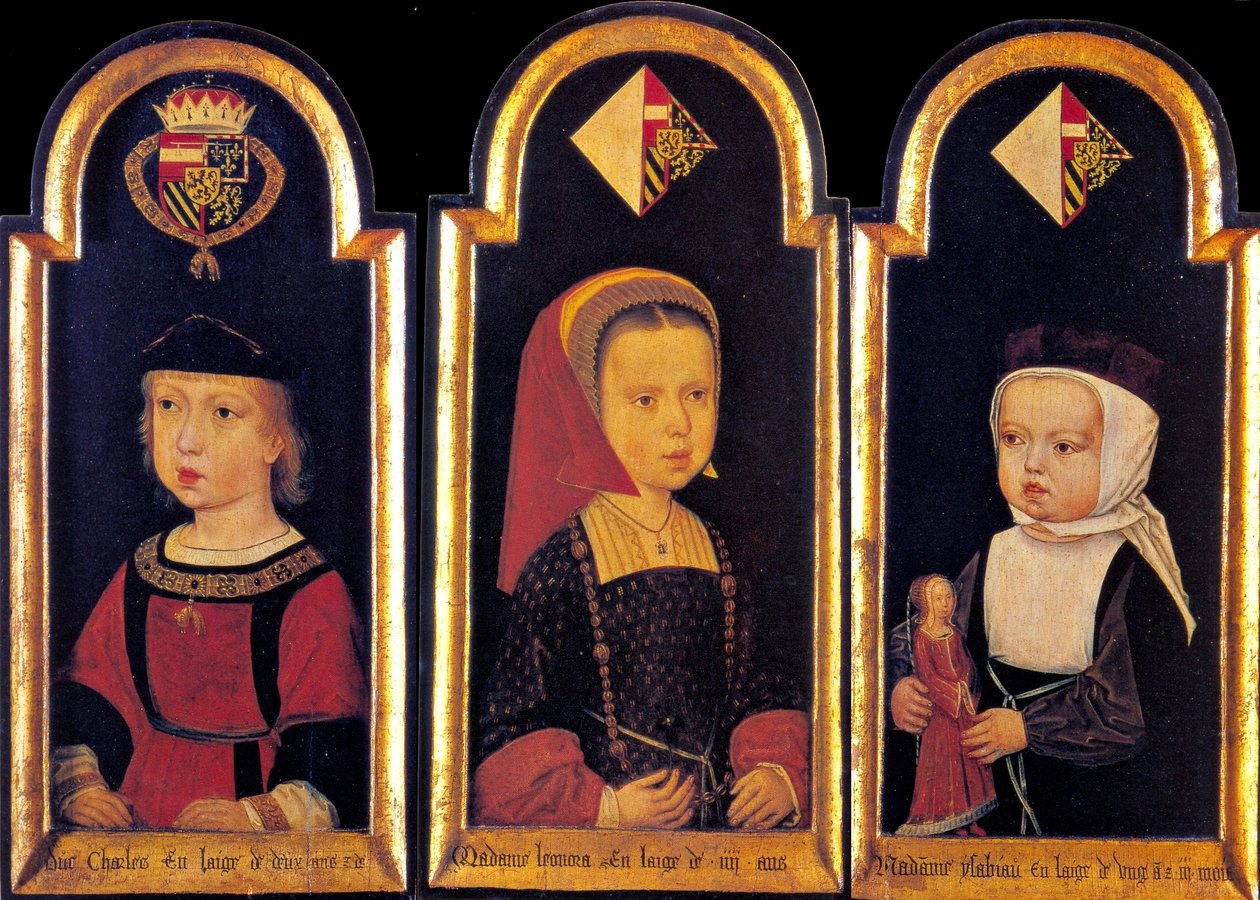 Archduke Charles, the later Holy Roman Emperor Charles V., with his sisters Eleonore and Isabella at the age of 2 years. av Meister der St. Georgsgilde der St. Georgsgilde