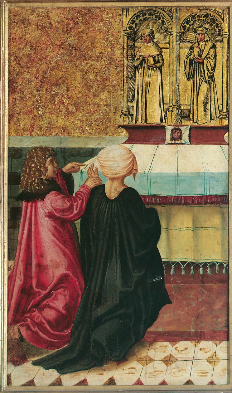 En man berömmer sin fru till St. Cosmas och Damian av Meister der Legendenszenen