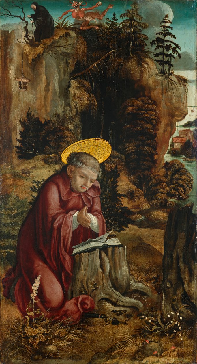 St. Benedict framför grottan i Subiaco av Meister des Innerochsenbacher Annenaltars