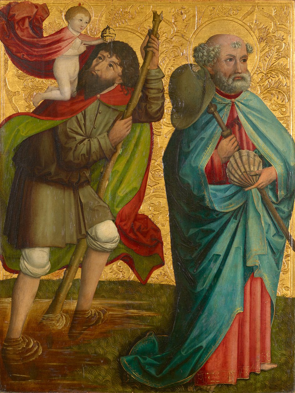 Vänster flygeln av den så kallade Pretschlaipfer-triptyken: St. Christophorus och Jakobus Major (inuti); Bebådelse till Maria (utanför) av Meister von Großgmain (Werkstatt)