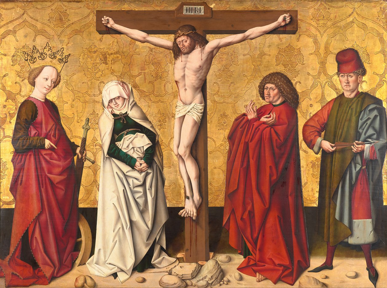 Kristus på korset mellan St. Mary och John, Catherine och Sebastian av Meister von Großgmain