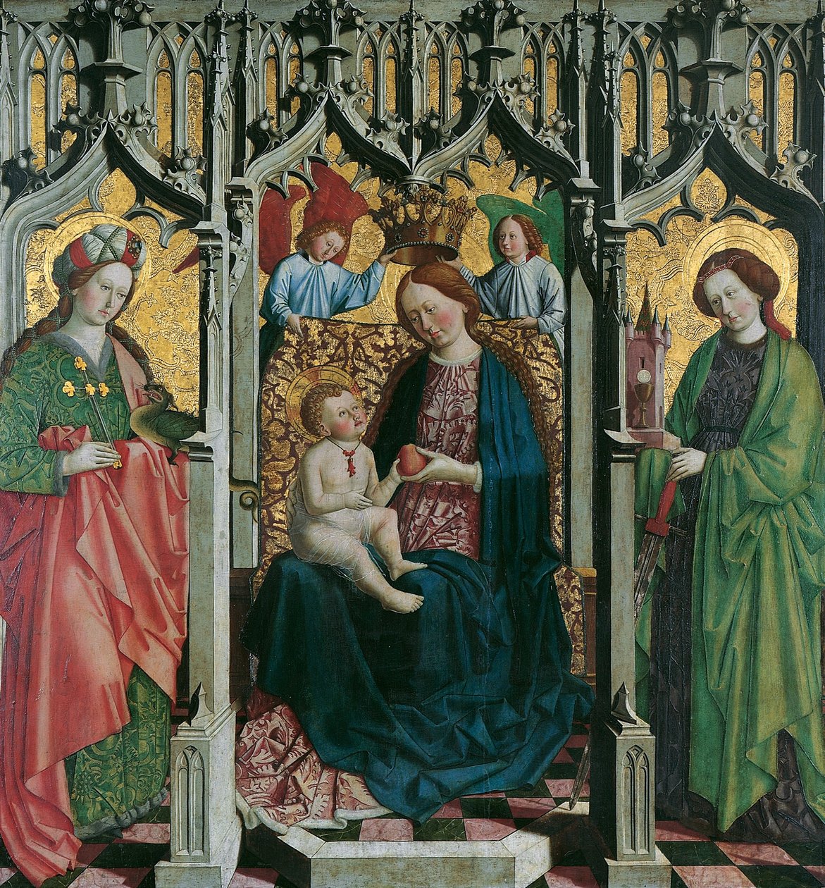 Trönade Mary med St. Margarethe och Barbara (framsidan); Man of Sorrows i rankor prydnad (baksida) av Meister von Uttenheim