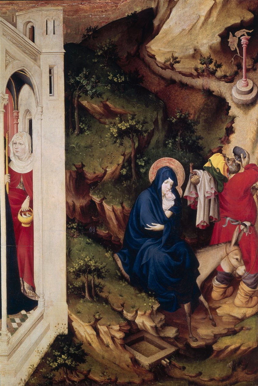 Altartavla av Chartreuse de Champmol, höger sida föreställande flygningen till Egypten, c.1393-99 (tempera på panel) (detalj av 205437) av Melchior Broederlam