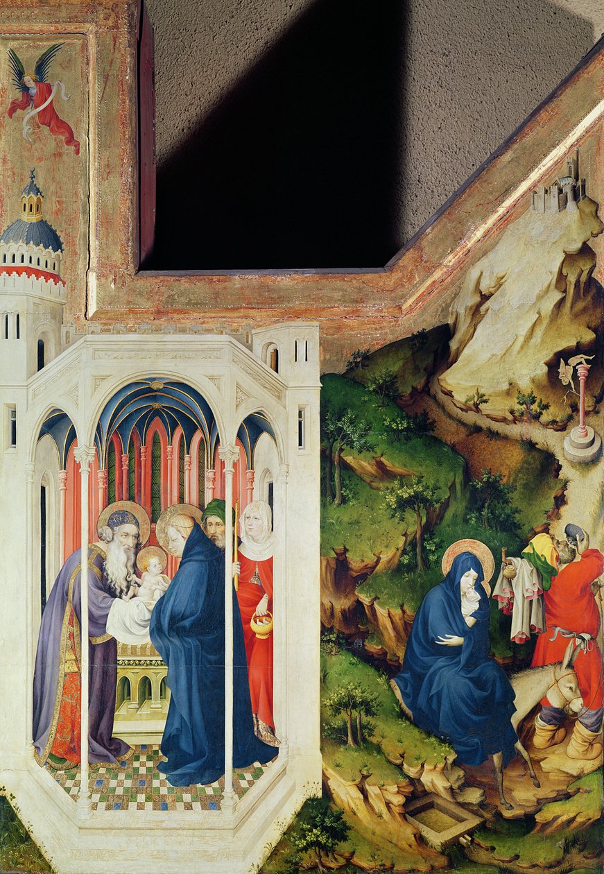 Altartavla av Chartreuse de Champmol, höger sida föreställande presentationen i templet och flykten till Egypten, c.1393-99 (tempera på panel) av Melchior Broederlam