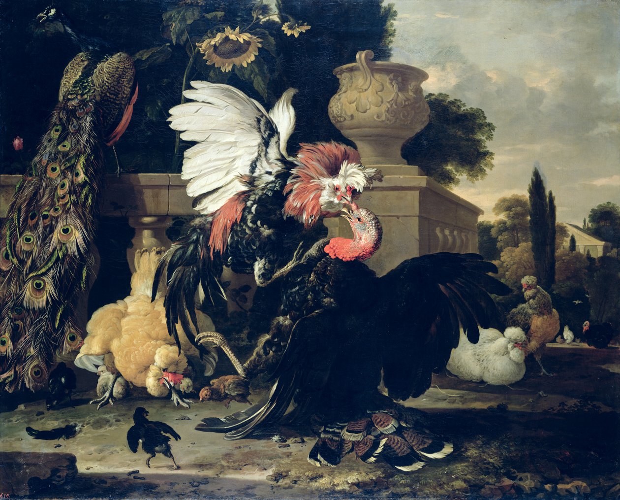 Fight between a Rooster and a Turkey, 1668  av Melchior de Hondecoeter