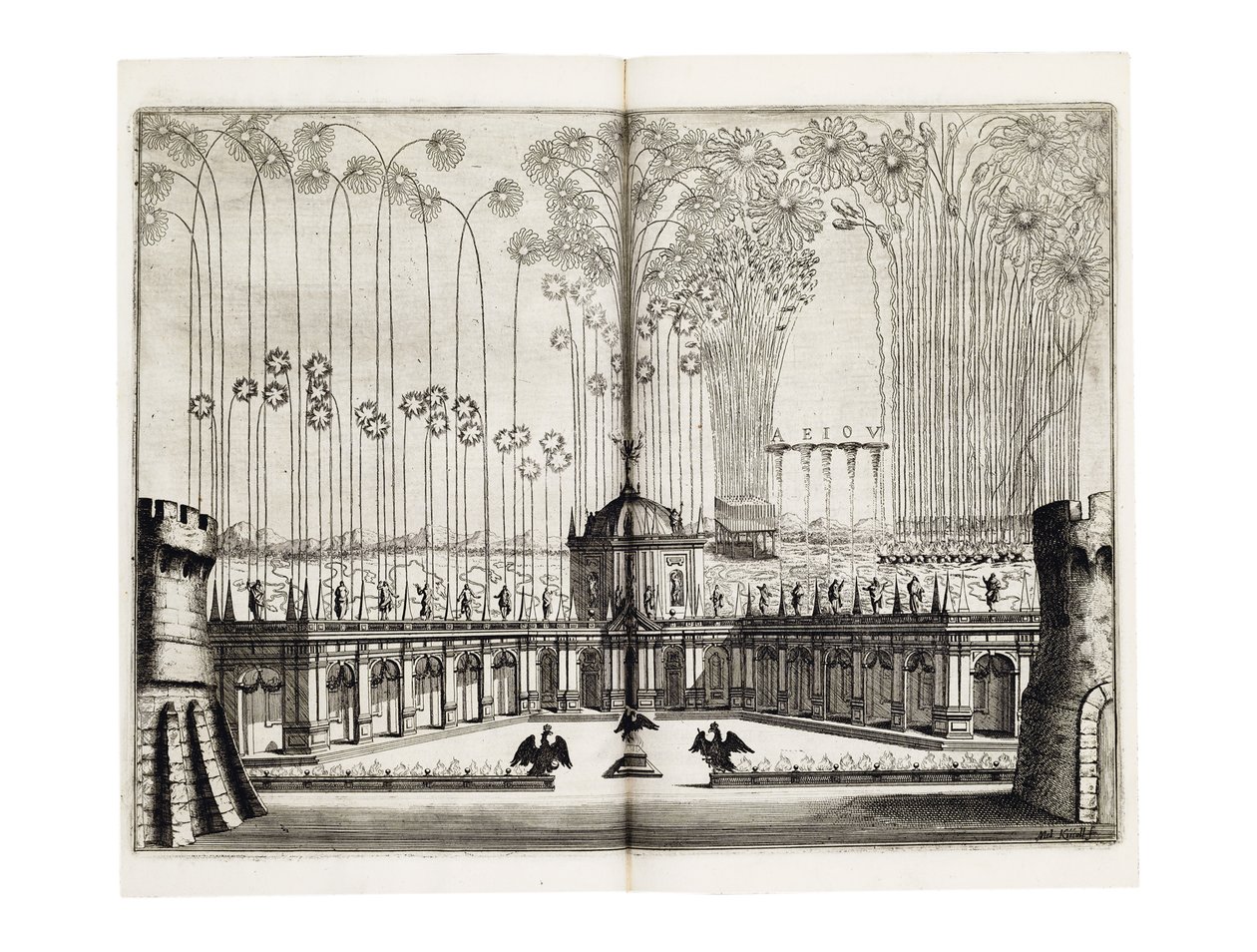 Fyrverkerier i samband med bröllopet mellan Leopold I (1640-1705), den helige romerske kejsaren och Margareta Theresa av Spanien (1651-73) i Wien, december 1666 av Melchior Küsel