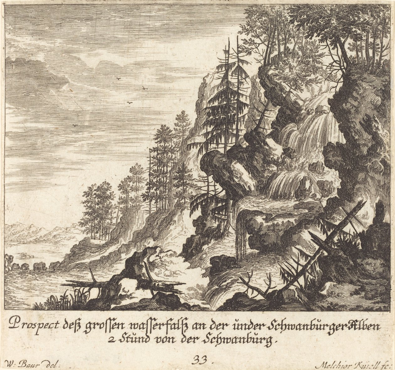 Stort vattenfall, Schwanburg av Melchior Küsel after Johann Wilhelm Baur
