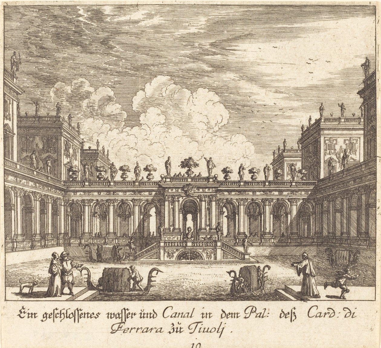 Palats och kanal, kardinal av Ferrara, Tivoli av Melchior Küsel after Johann Wilhelm Baur