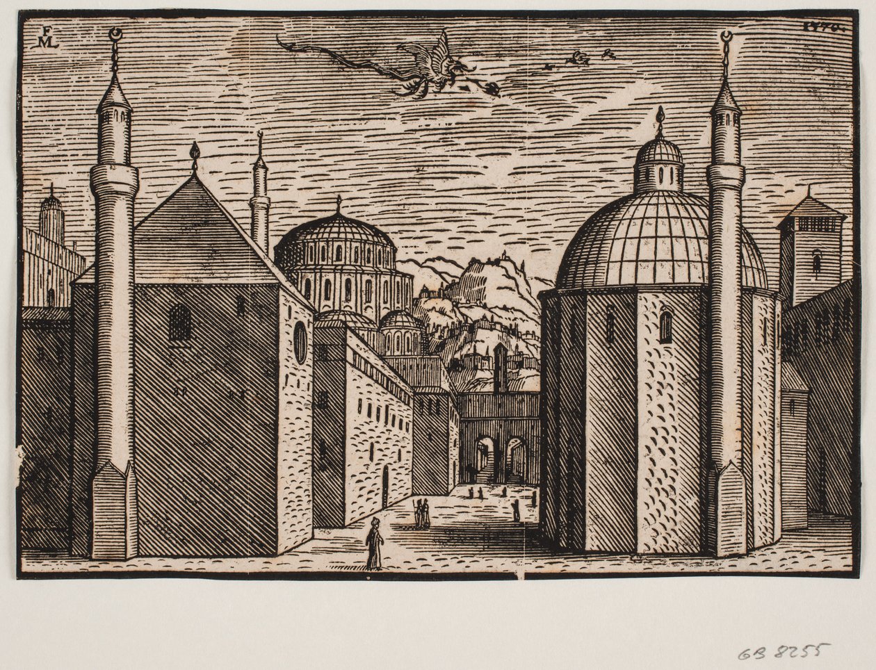 3 moskéer, vardera med 1 minaret; på himlen en flygande drake med en lång svans av Melchior Lorck