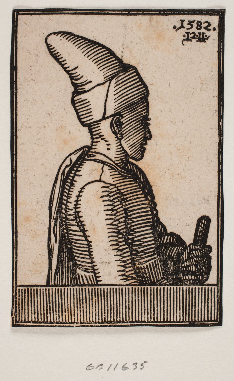 Byst av en ung man med spetsig hatt och stav i vänster hand, profil mot höger av Melchior Lorck