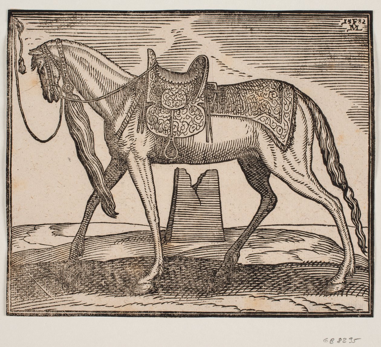 Elegant sadelhäst, bunden av v. ramlinje, profil till v.; under hästens mage ses en förstörd av Melchior Lorck