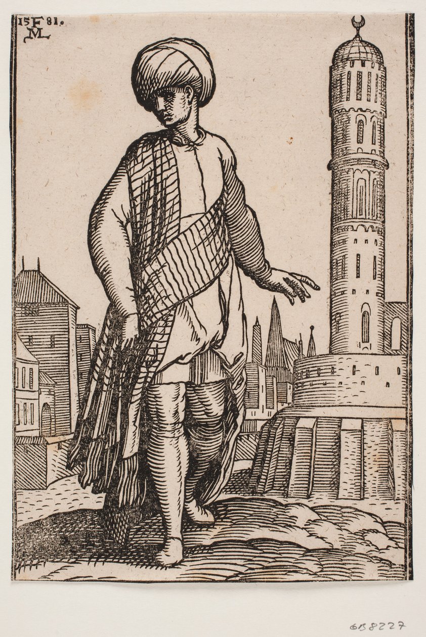 Elegant ung man med turban och lång sjal av Melchior Lorck