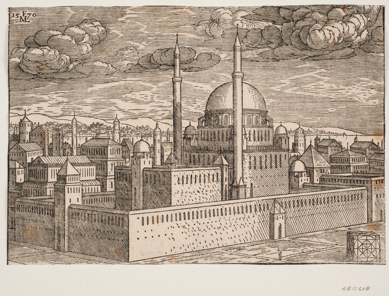 Moské, med två minareter, sett från nordväst; på andra sidan vattnet syns Galata? I det nedre högra hörnet finns en kubiskt formad sten, på vilken en kvadratisk geometrisk figur etsats, en figur som förmodligen visar av Melchior Lorck
