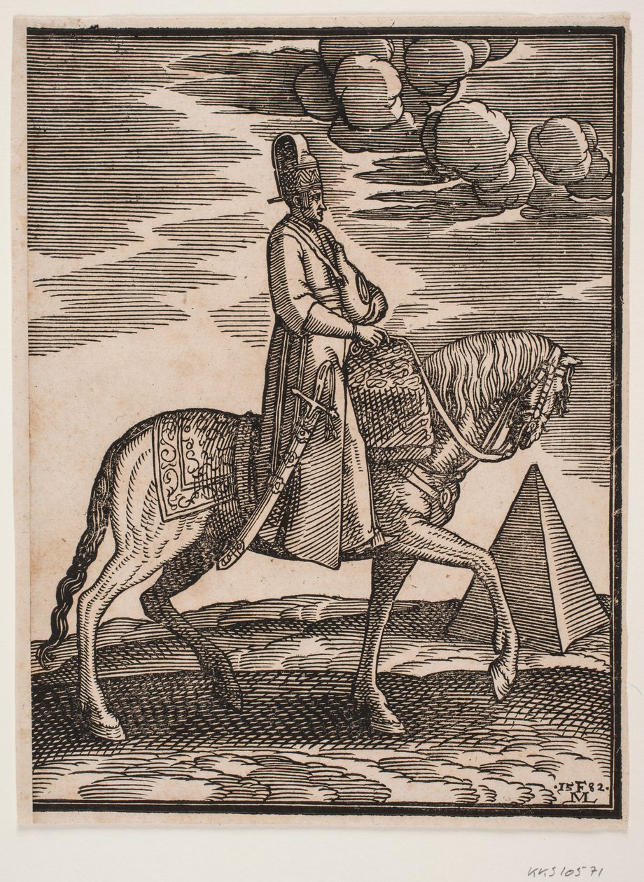 Ryttare med en kolv om halsen, profil mot höger; ett svärd på hans högra sida och bagage framför honom, draperat över sadeln; till höger, i bakgrunden, en pyramid av Melchior Lorck
