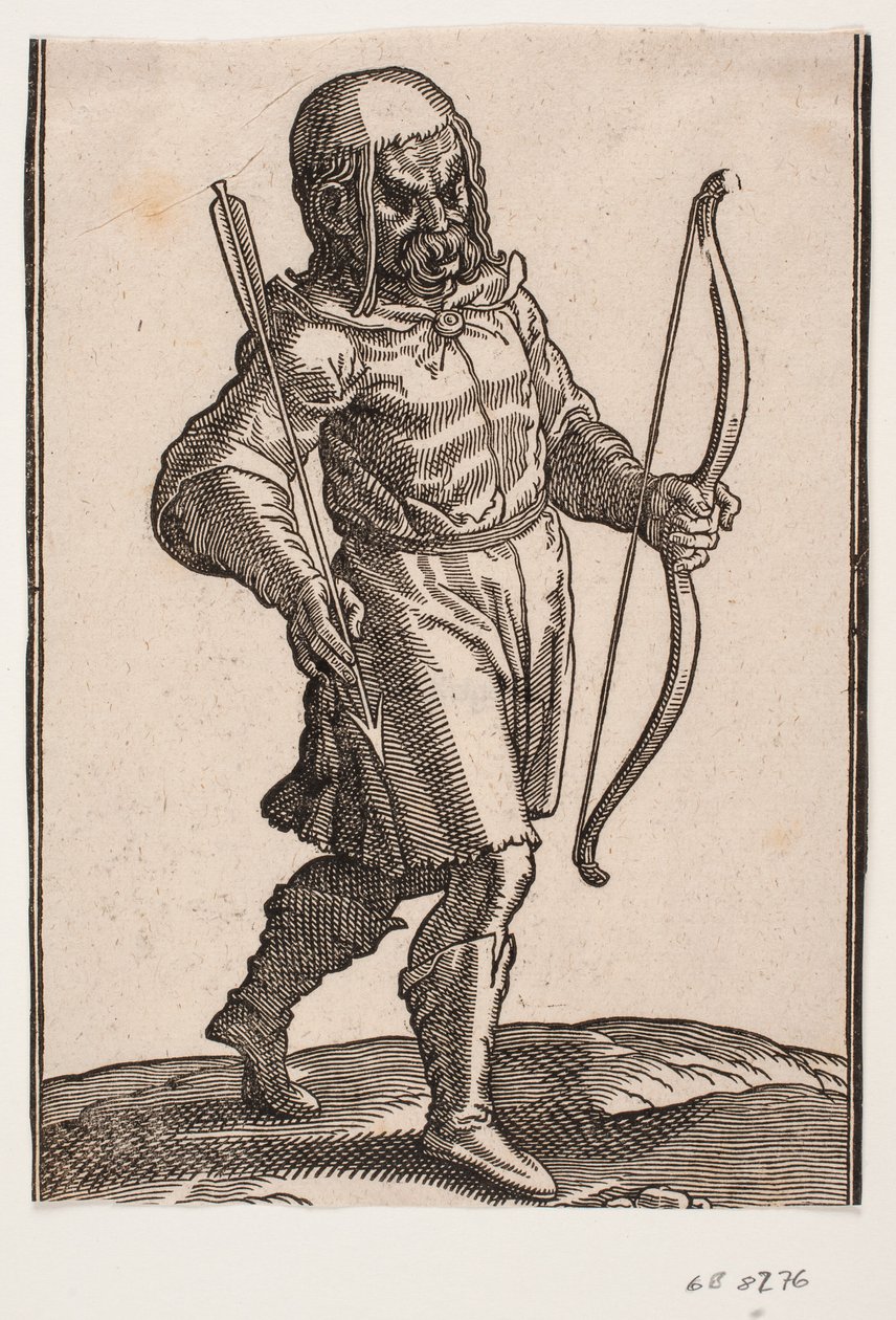 Soldat, går mot h.; stövlar och knäkort kostym; i v. hand en båge, i h. hand en pil av Melchior Lorck