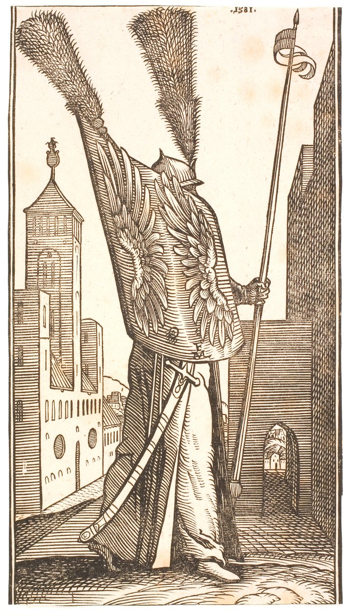 Stående soldat med en sköld dekorerad med örnvingar och en hjälm prydd med en enorm plym av Melchior Lorck