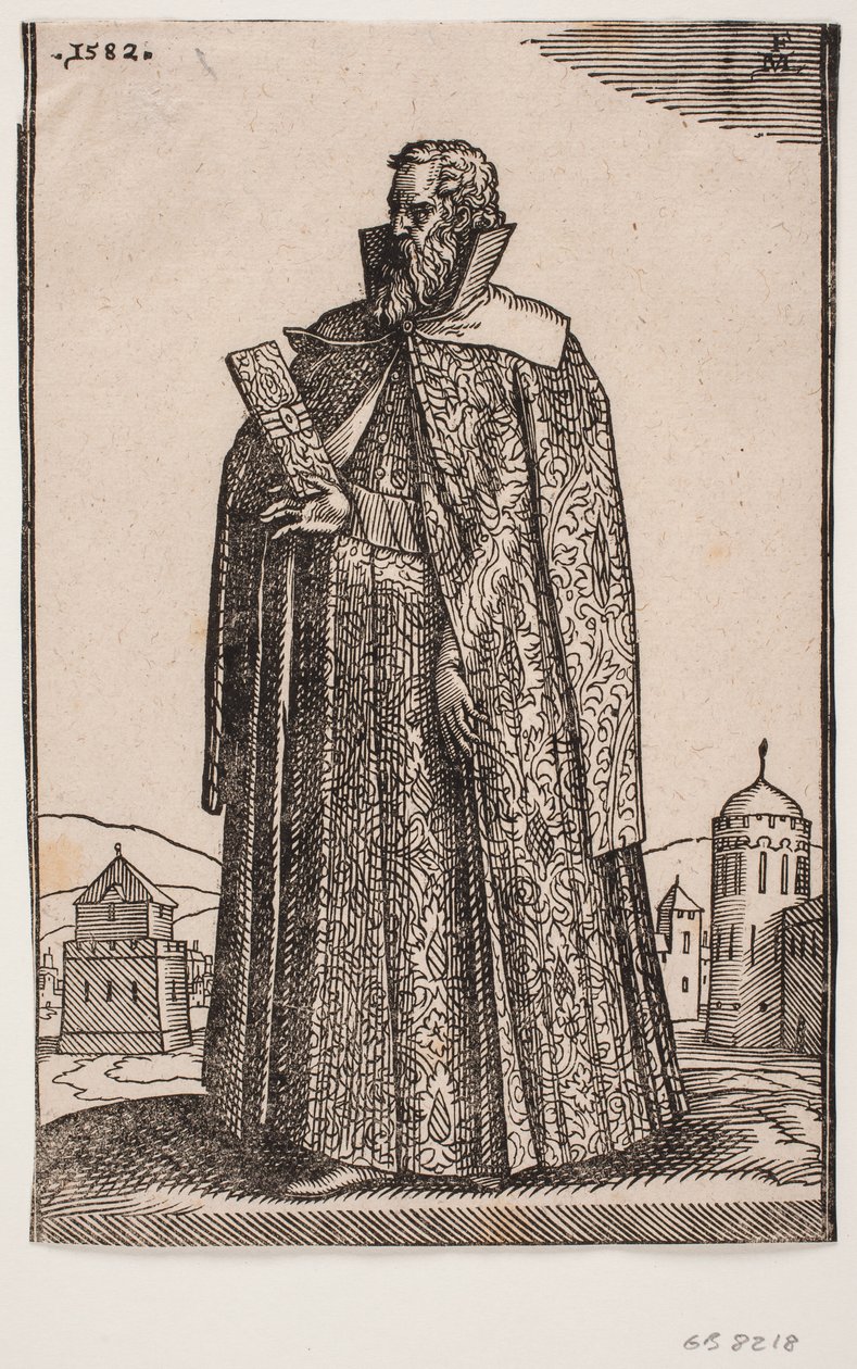 Stående ambassadör i europeisk (venetiansk?) kostym, 3/4 profil till v.; i sin högra hand håller han en portfölj av Melchior Lorck