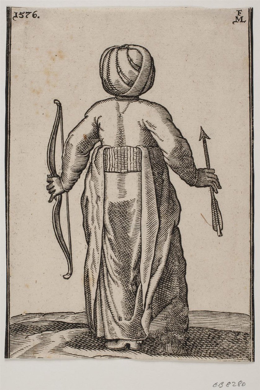 Stående bågskytt, bakifrån; i v. hand en båge, i h. hand en pil av Melchior Lorck