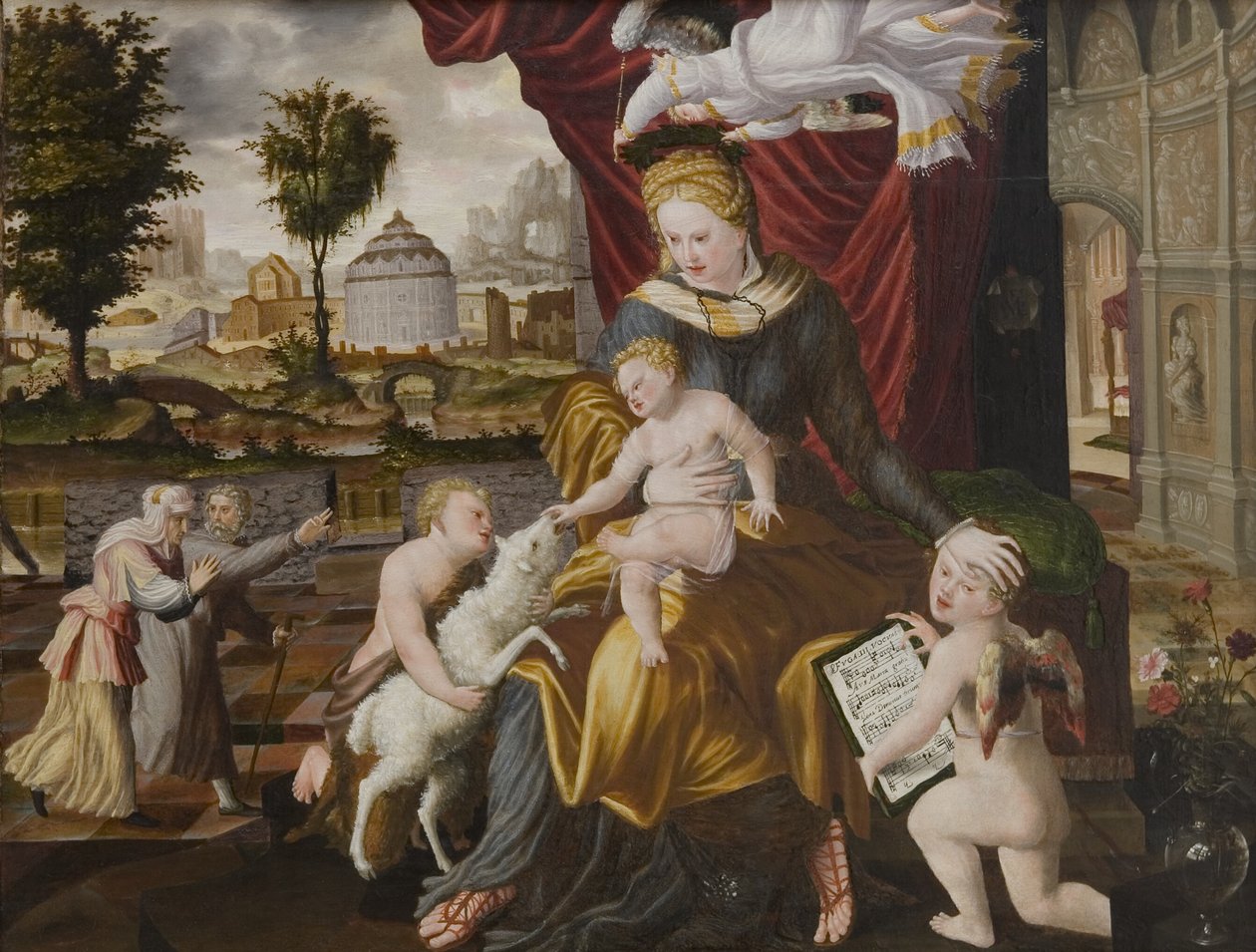 Jungfru Maria och barnet, spädbarnet St.John och två änglar av Melchior Lorck
