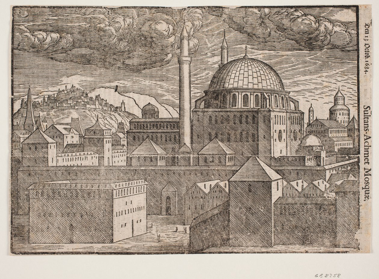 Oidentifierad moské med 2 minareter, sett från sydost; t.v. berg med befäst stad av Melchior Lorck