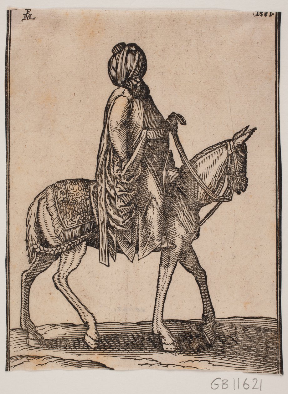 Obeväpnad välmatad äldre ryttare med turban på huvudet, profil åt höger av Melchior Lorck