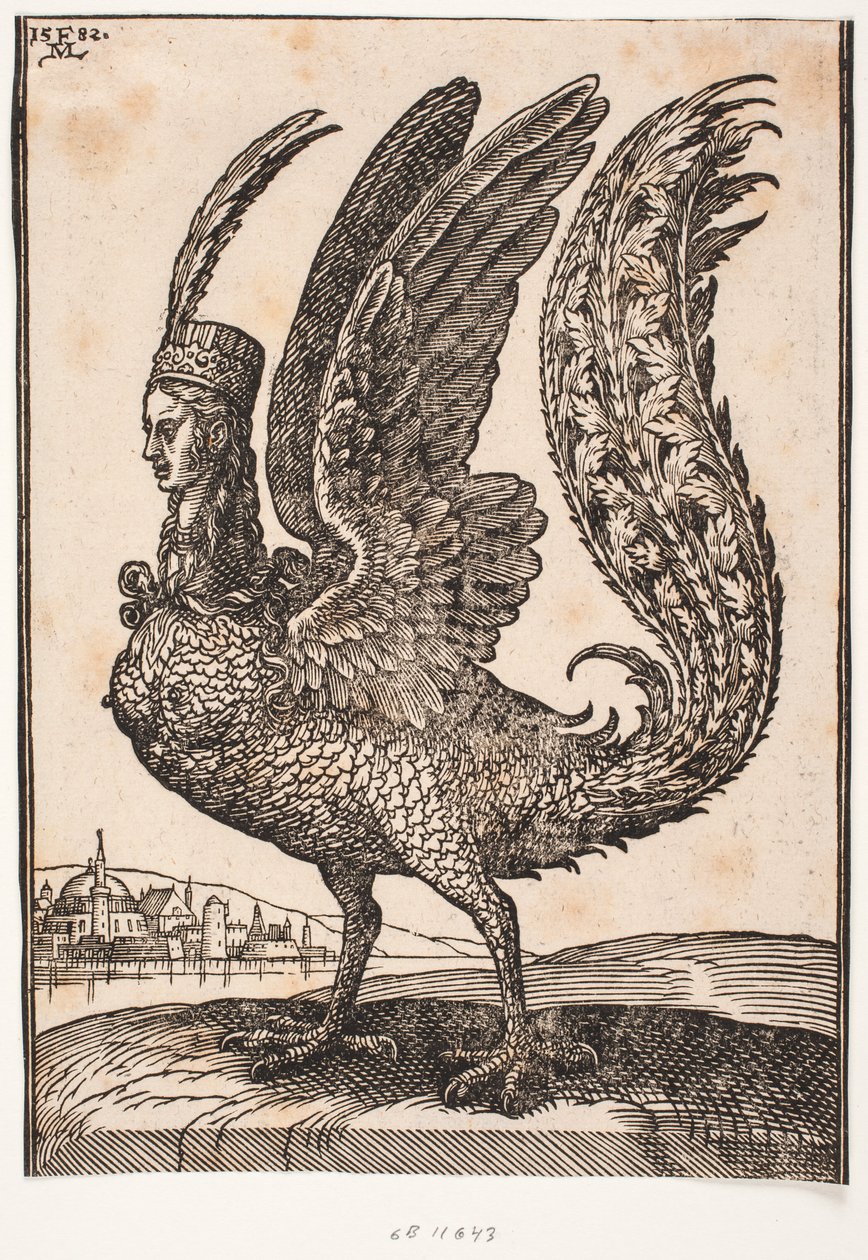 Oidentifierat mytiskt djur, harpy eller siren av Melchior Lorck