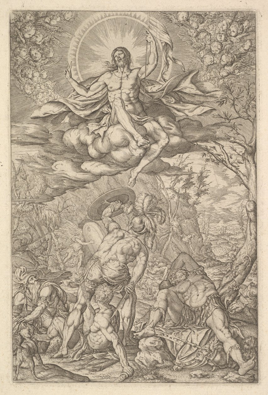 Kristi uppståndelse, omgiven av en aureol och moln med linjer av bevingade putti till..., 1577. av Melchior Meier