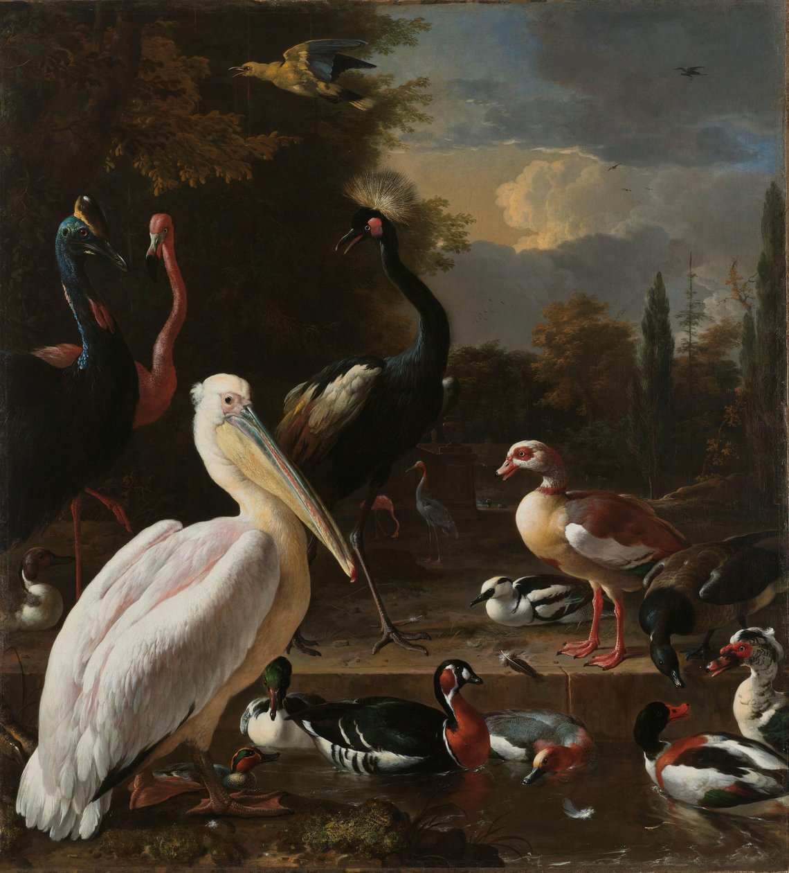 En pelikan och andra fåglar nära en pool, känd som "Den flytande fjädern" En pelikan och andra fåglar nära en pool, känd som "Den flytande fjädern" av Melchior d