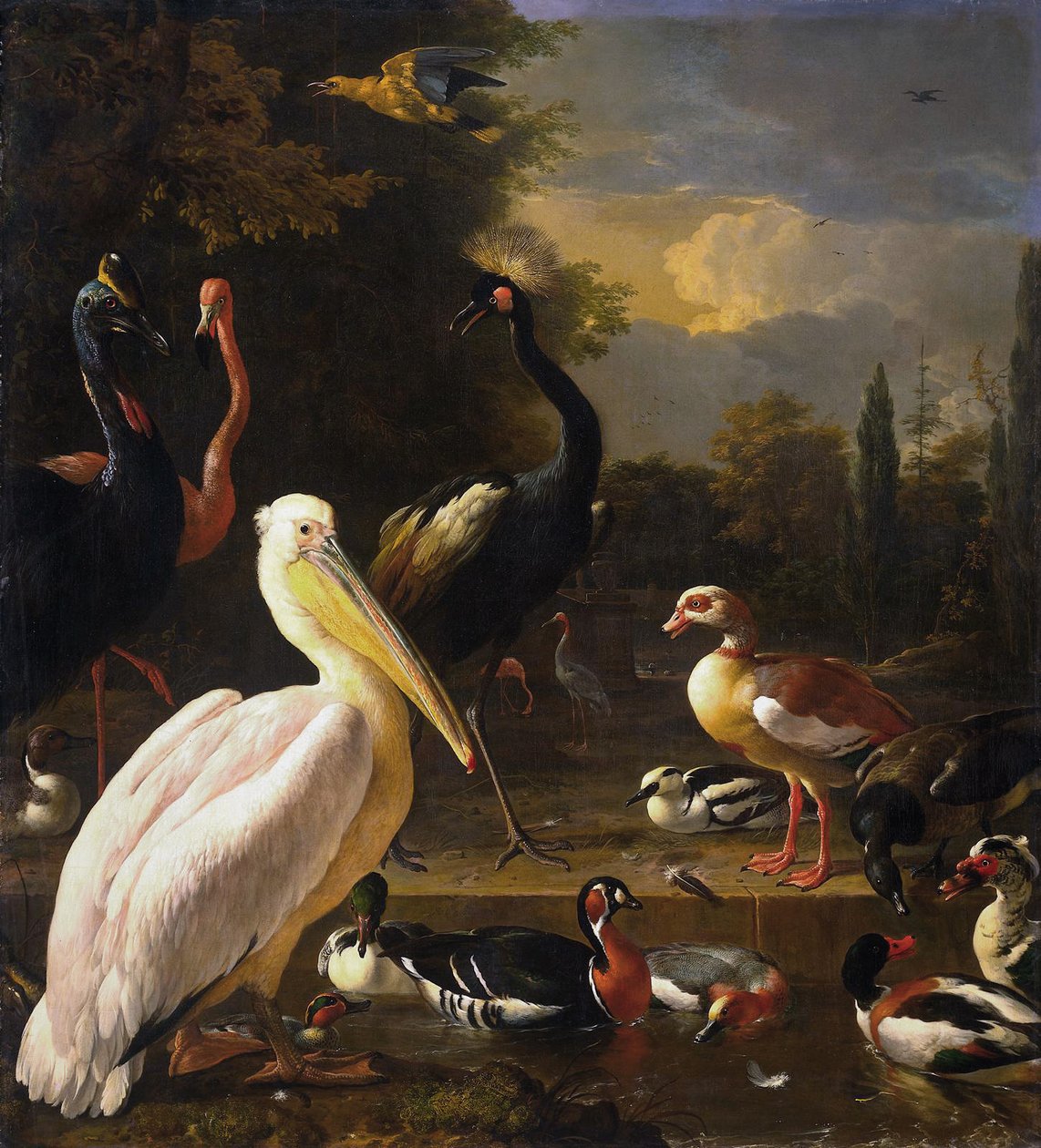 En pelikan och andra fåglar vid en bassäng, känd som "Den flytande fjädern av Melchior d