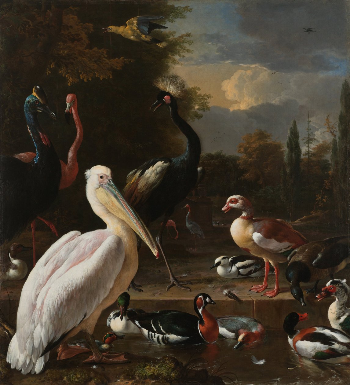 En pelikan och andra fåglar nära en vattenbassäng, känd som "The Floating Feather" av Melchior dHondecoeter