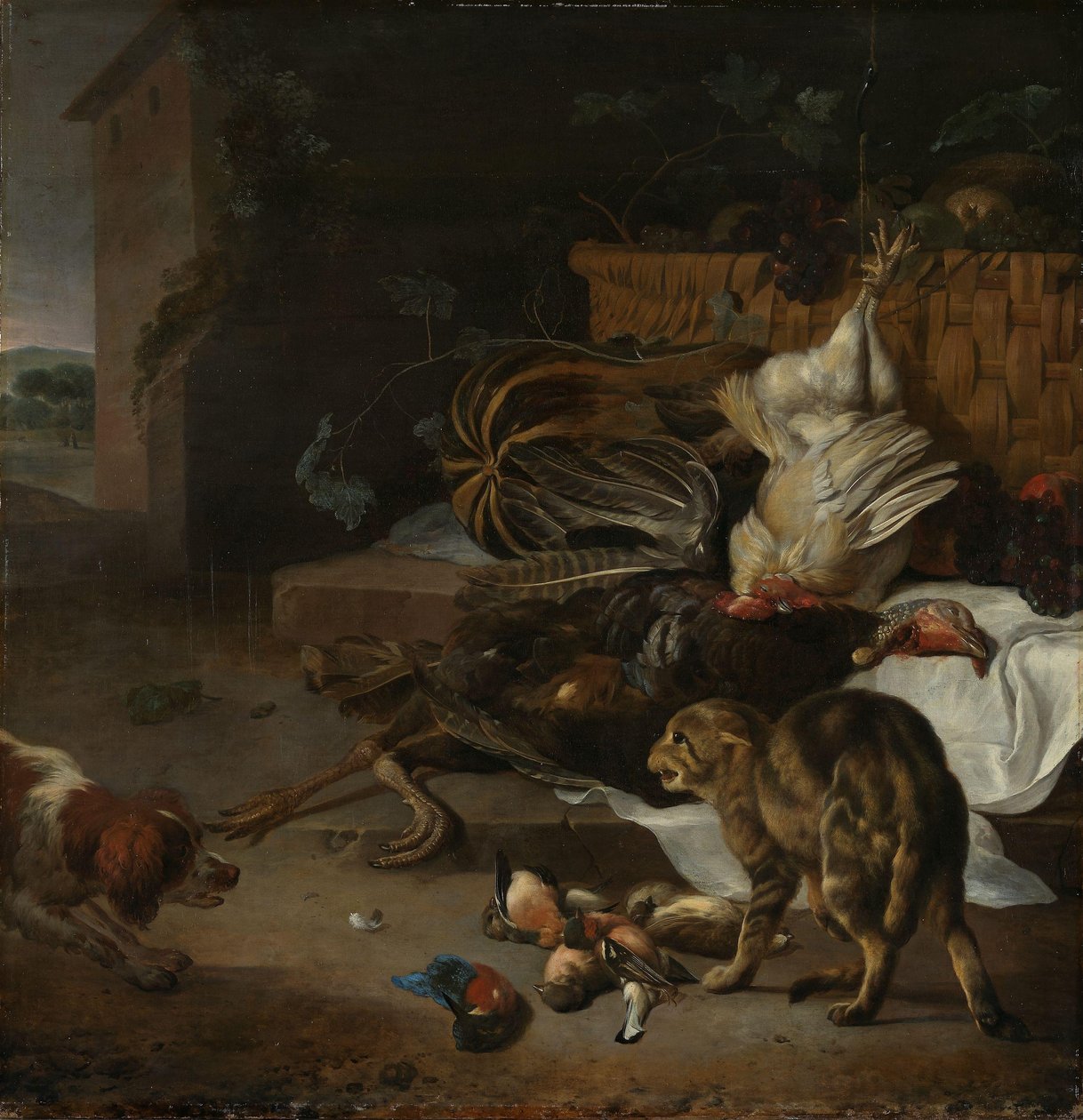 Stilleben med fågel och frukter av Melchior d