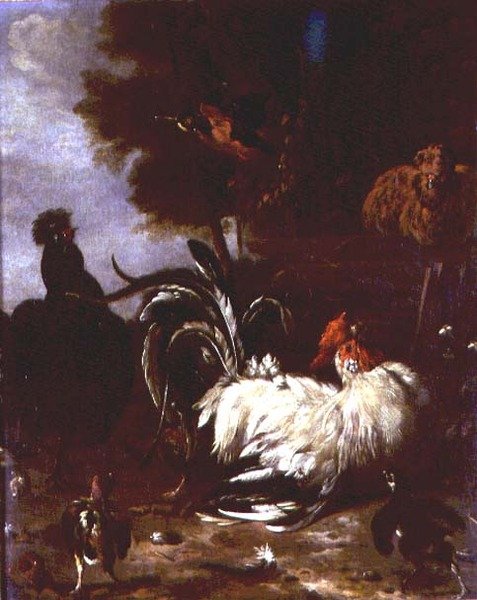 Tupp och annat fjäderfä i skogslandskap av Melchior de (follower of) Hondecoeter