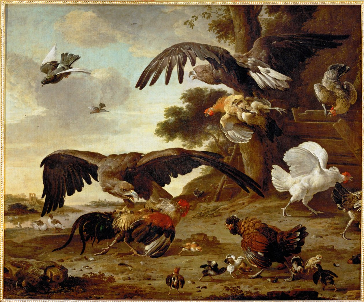Örnar attackerar kycklingar ... av Melchior de (manner of) Hondecoeter