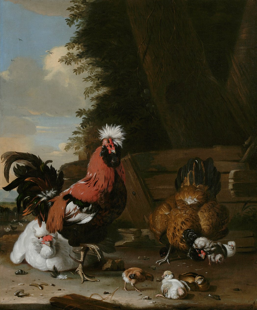 En dvärgtupp med höns och kycklingar på en gård av Melchior de Hondecoeter