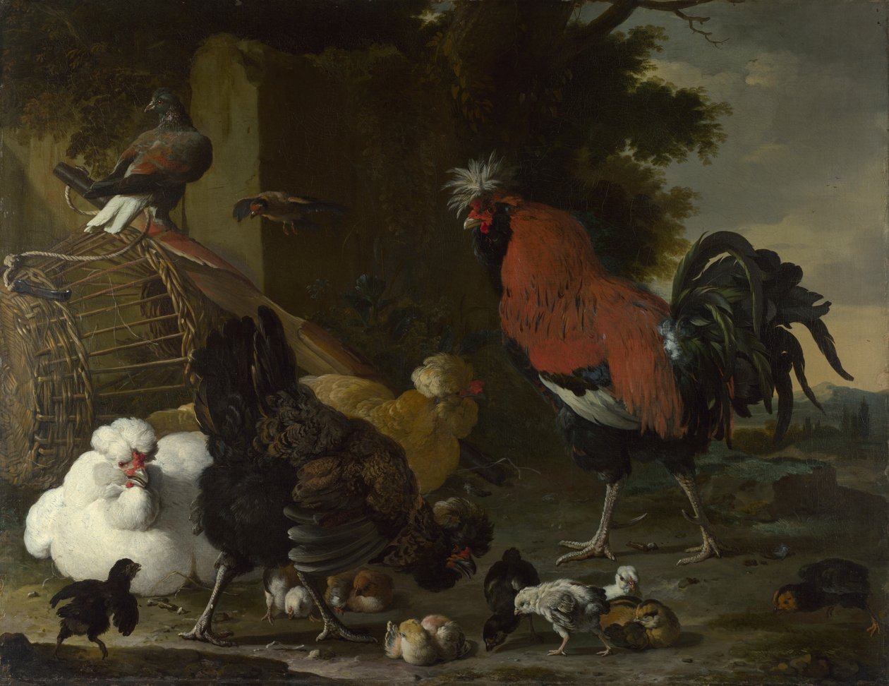 En hane, höns och kycklingar, ca 1668-1670 av Melchior de Hondecoeter