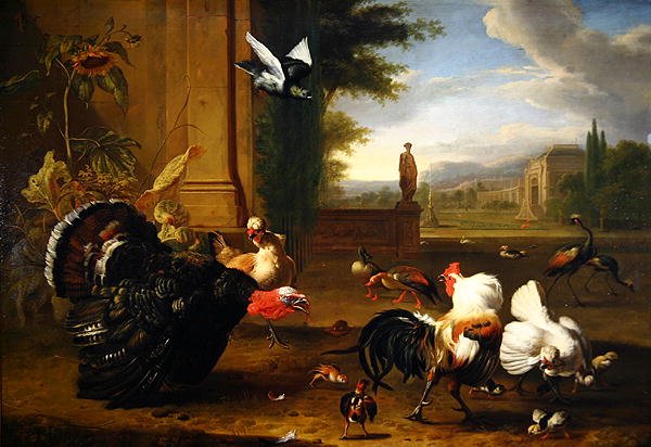 En kalkon, en tupp, en tupp och andra exotiska höns i en park (olja på duk) av Melchior de Hondecoeter