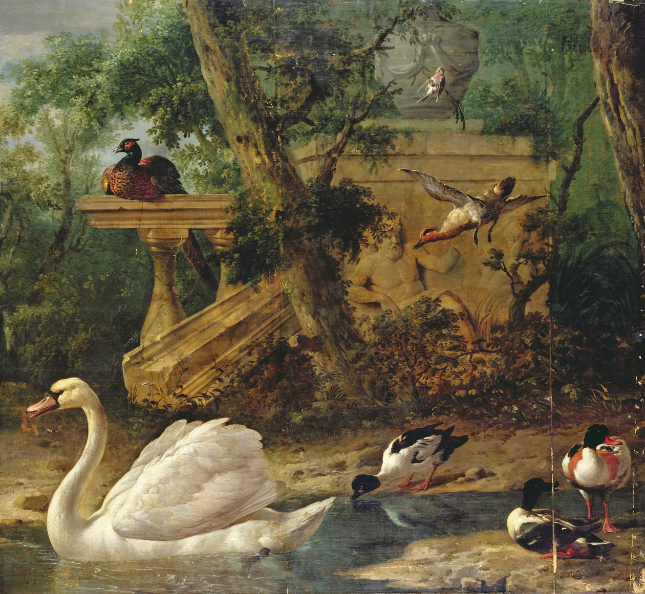 Fåglar i en trädgård (olja på duk) av Melchior de Hondecoeter
