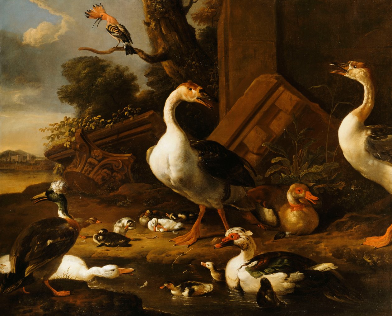 Kinesiska och egyptiska gäss och andra fåglar i ett landskap med ruiner i närheten, av Melchior de Hondecoeter