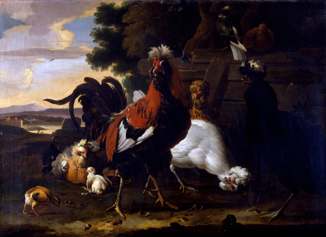 Tupp, höns och kycklingar vid ett staket i ett skogslandskap av Melchior de Hondecoeter
