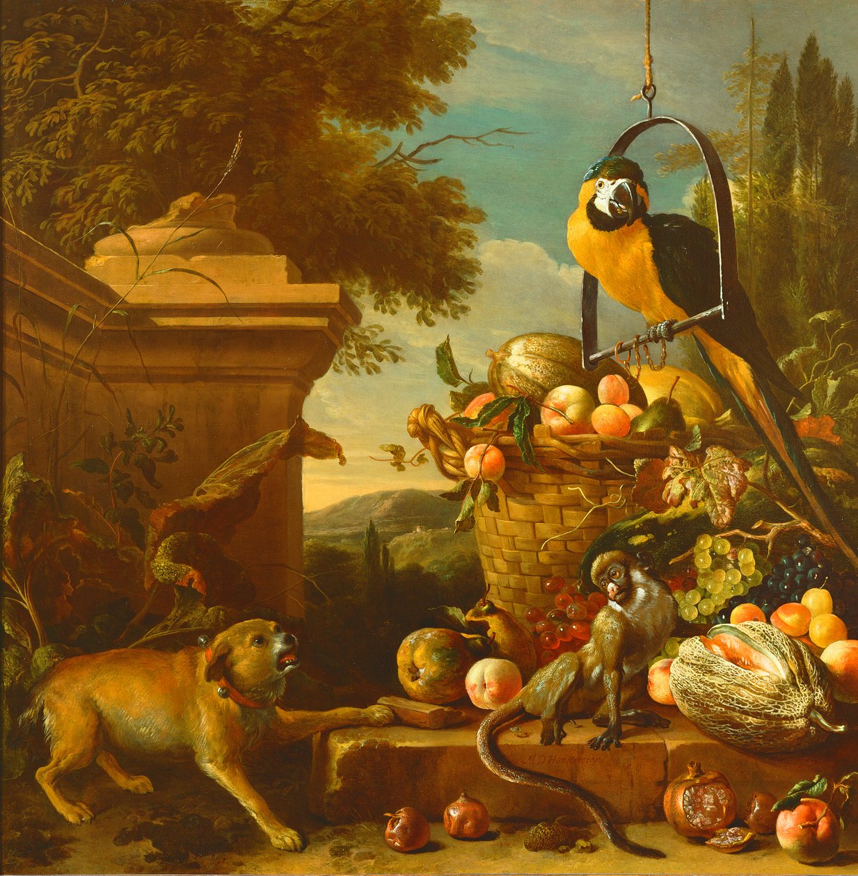 Ara och en apa av Melchior de Hondecoeter