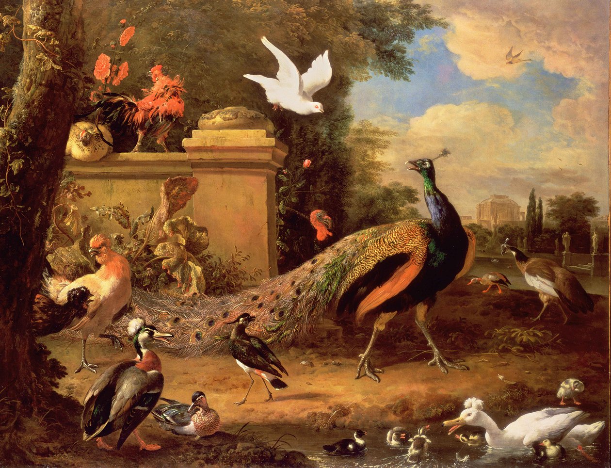 Påfåglar och andra fåglar vid en sjö av Melchior de Hondecoeter