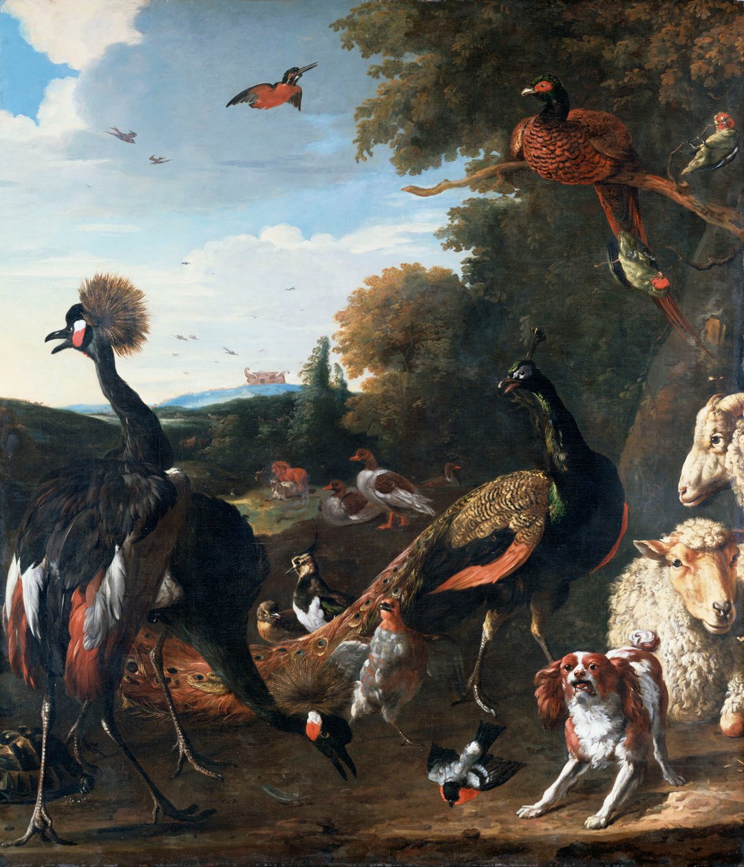 Påfåglar och andra fåglar, med ett får och en hund i ett landskap av Melchior de Hondecoeter