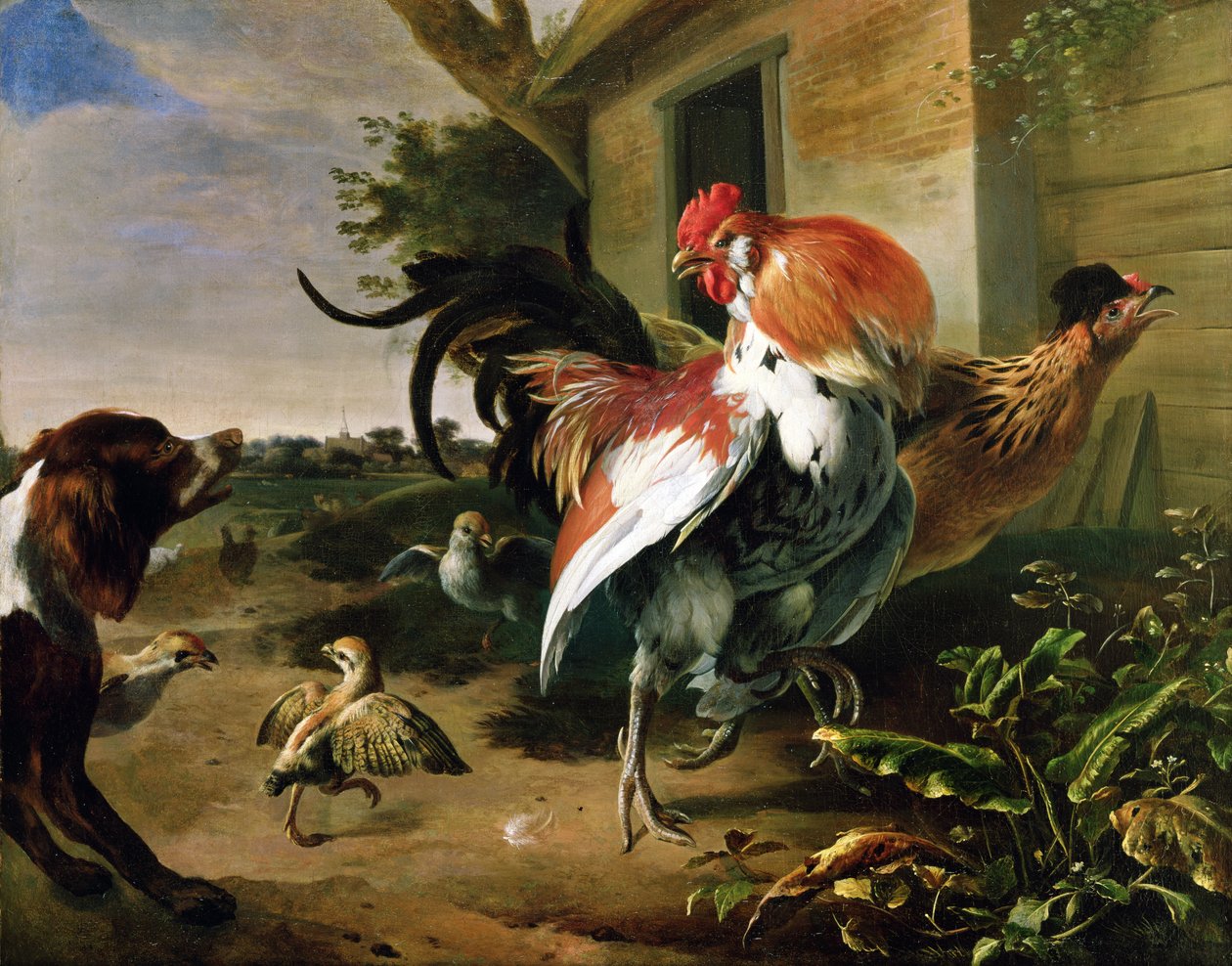 Fjäderfä och spaniel på en gård av Melchior de Hondecoeter