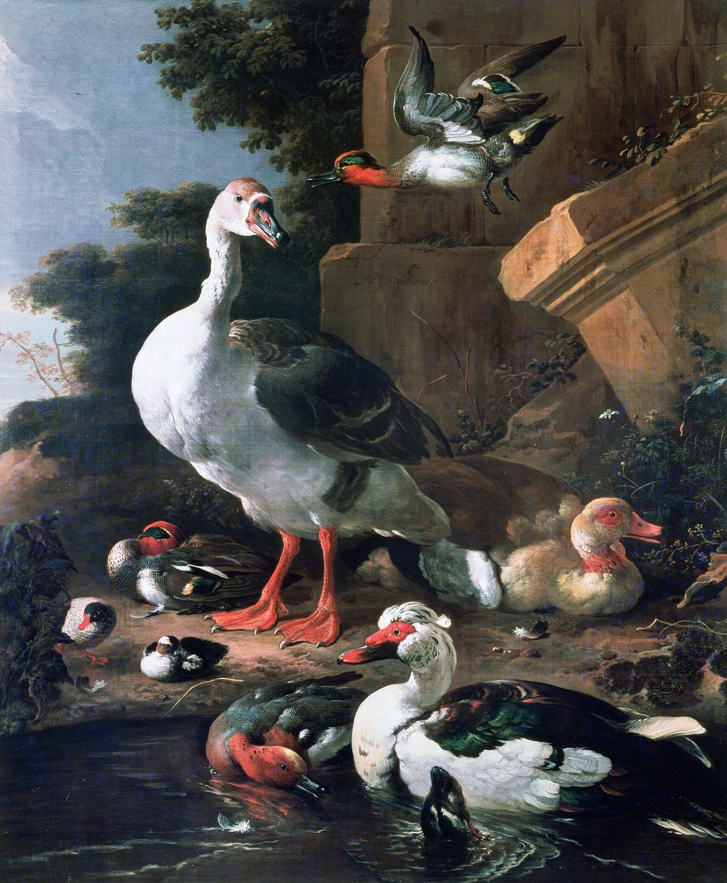 Vattenfåglar i ett klassiskt landskap, 1600-tal av Melchior de Hondecoeter