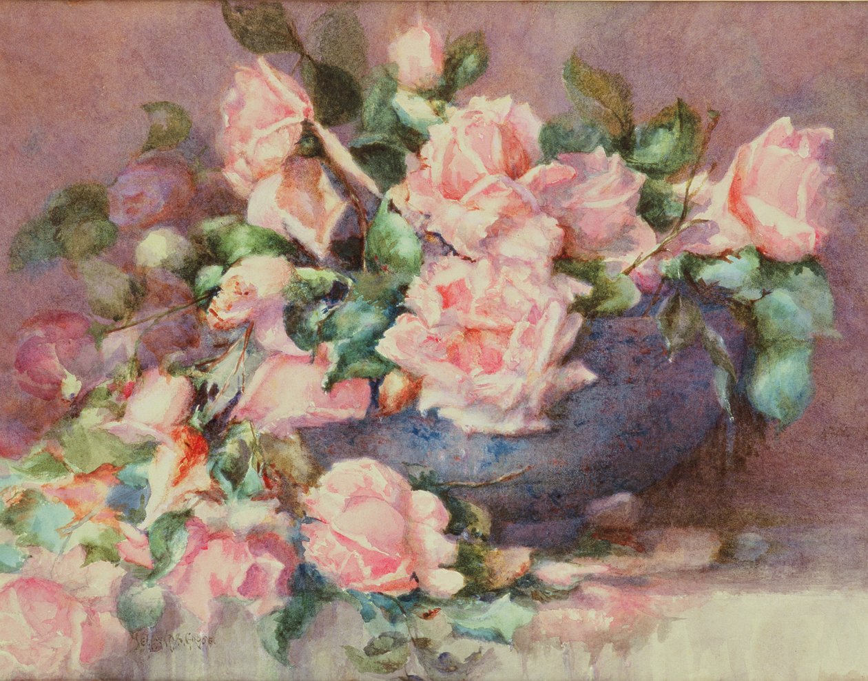 En skål med rosa rosor (wc på papper) av Melicent Grose