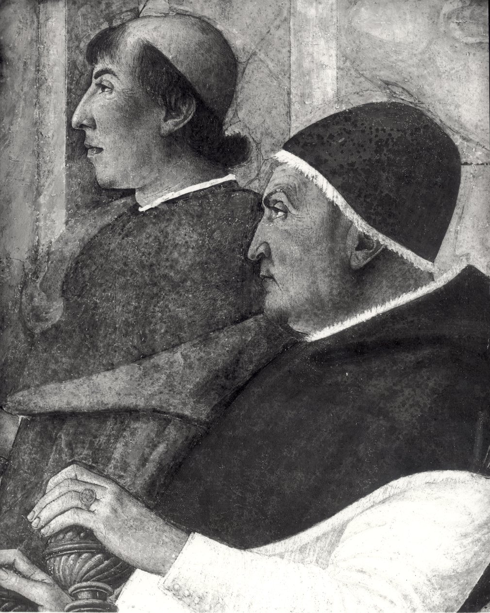 Påven Sixtus IV (1414-84) (Francesco della Rovere) med en kardinal bakom sig installerar Bartolommeo Platina som chef för Vatikanens bibliotek (detalj) av Melozzo da Forli