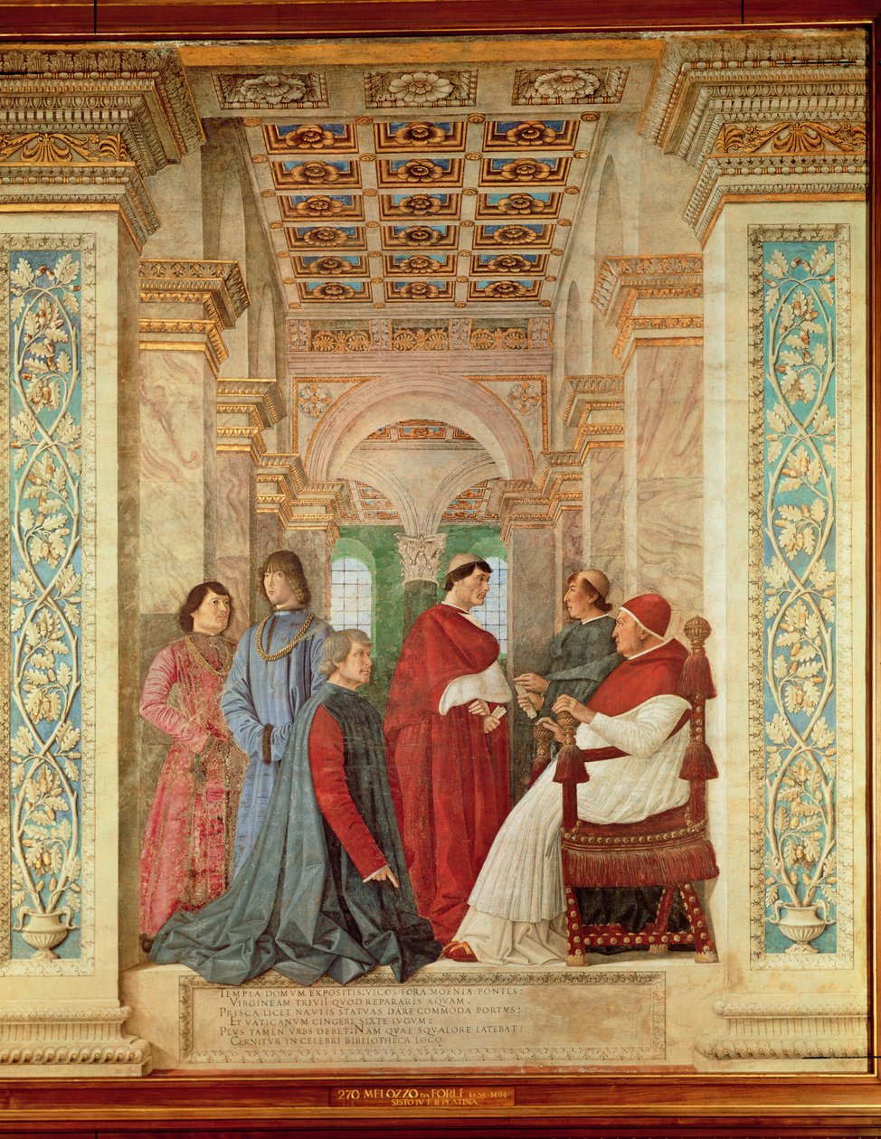 Påven Sixtus IV tillsätter Bartolommeo Platina som chef för Vatikanbiblioteket, ca 1477 (fresco överförd till duk) av Melozzo da Forli